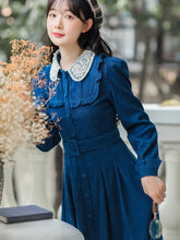 Load image into Gallery viewer, Retro Light Luxury Female Corduroy Dress Lace Stitching Chic Beade Lapel Elegant Temperament Dress Fall French Casual Maxi Dress