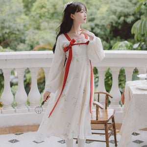 Retro Loose Chiffon Print Dresses Hanfu Women Bowknot Bandage Square Neck Puff Sleeve Chic Vestidos Chinese Style Hanfu Dress
