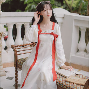 Retro Loose Chiffon Print Dresses Hanfu Women Bowknot Bandage Square Neck Puff Sleeve Chic Vestidos Chinese Style Hanfu Dress