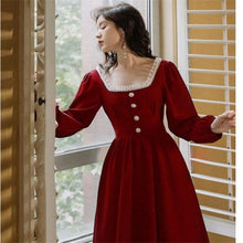 Load image into Gallery viewer, Retro Pearl Ruffled Little Red Dress Autumn New French Square Collar Dress Long Sleeve Temperament Hepburn Style Dress Suit