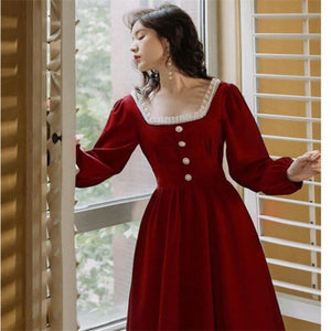 Retro Pearl Ruffled Little Red Dress Autumn New French Square Collar Dress Long Sleeve Temperament Hepburn Style Dress Suit
