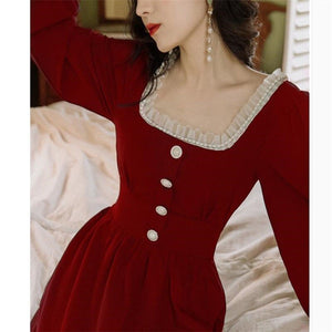 Retro Pearl Ruffled Little Red Dress Autumn New French Square Collar Dress Long Sleeve Temperament Hepburn Style Dress Suit