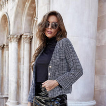 Load image into Gallery viewer, Retro Plaid Blazer Ladies Autumn Fashion Casual Knitted Woolen Pearl Button Cardigan Long Sleeve Top Women