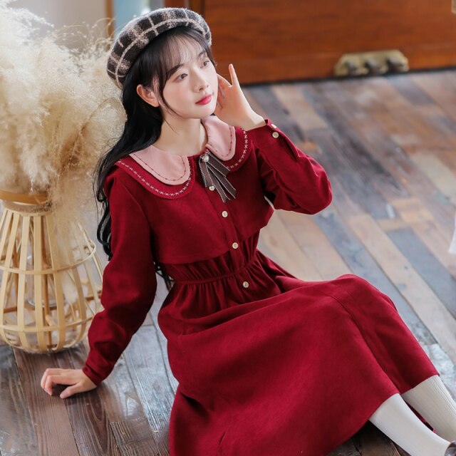Retro Preppy Style Dress Female Chic Double Layer Doll Collar Cute Vestido Lady Single Breasted Korean Loose Lovely Midi Dress