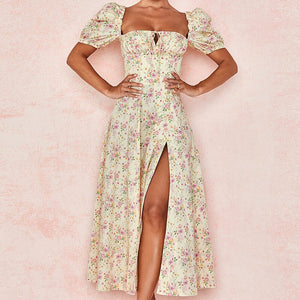 Retro Sexy Open Fork Floral Dress Women Designer Fit Chic Lace-up Puff Sleeve Midi Dress Casual Holiday Beach Summer Dress 2021