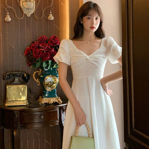 Retro Style French Square Neck Sexy Puff Sleeve Dress Girl Summer Dress Elegant Fairy Woman Prom Dress Pure White dress 2021