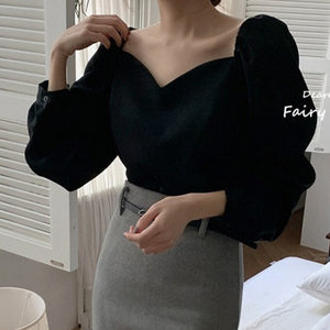 Retro Sweet Square Neck Elegant Shirt Women Loose Puff Sleeve Shirt Blouse Women Korean Style Chic Office Lady Blusas Mujer Moda
