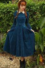 Load image into Gallery viewer, Retro Victorian Style Blue Corduroy Dress Woman Vintage Peter Pan Collar Long Sleeve Elegant Midi Dresses With Belt Robe Vestido