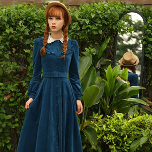 Retro Victorian Style Blue Corduroy Dress Woman Vintage Peter Pan Collar Long Sleeve Elegant Midi Dresses With Belt Robe Vestido