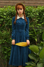Load image into Gallery viewer, Retro Victorian Style Blue Corduroy Dress Woman Vintage Peter Pan Collar Long Sleeve Elegant Midi Dresses With Belt Robe Vestido