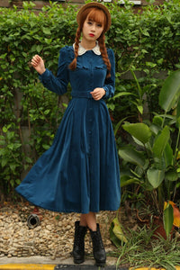 Retro Victorian Style Blue Corduroy Dress Woman Vintage Peter Pan Collar Long Sleeve Elegant Midi Dresses With Belt Robe Vestido