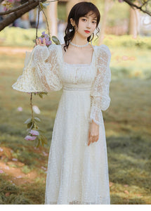 Retro White Lace Fairy Dress Woman Chic Vintage Dot Flare Sleeve Romantic Princess Dresses Vestido Festa Robe Blanche Femme
