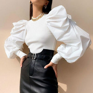 Retro Women Shirts Long Puff Sleeve Blouse 2021 Spring Autumn Fashion Female Blouses Black White Solid Tops Plus Size Clothing