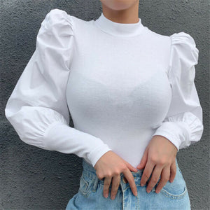 Retro Women Shirts Long Puff Sleeve Blouse 2021 Spring Autumn Fashion Female Blouses Black White Solid Tops Plus Size Clothing