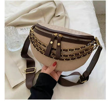 Load image into Gallery viewer, Retro pequena corrente feminina fanny pacote xadrez cintura de couro crossbody sacos peito bolsas designer de luxo feminino cint