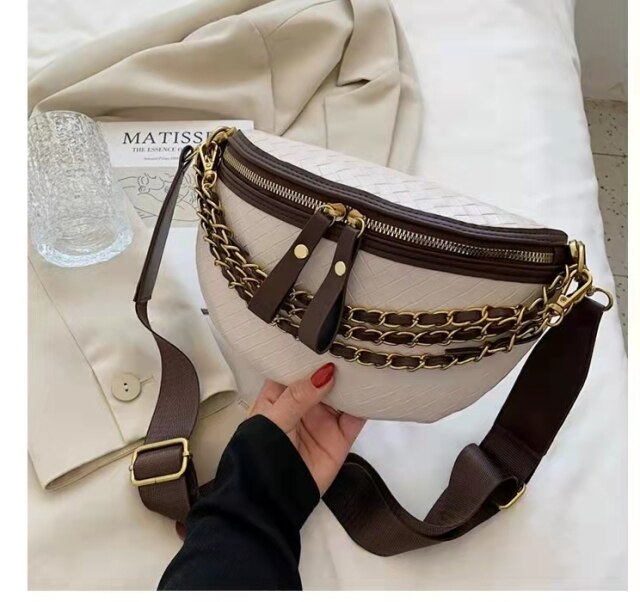 Retro pequena corrente feminina fanny pacote xadrez cintura de couro crossbody sacos peito bolsas designer de luxo feminino cint