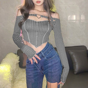 Rhombic Lash Neck Short Women Tops Irregular Slim Long Sleeve T-shirt Tees Hot Sexy Plaid Tops Korean 2022 Streetwear New