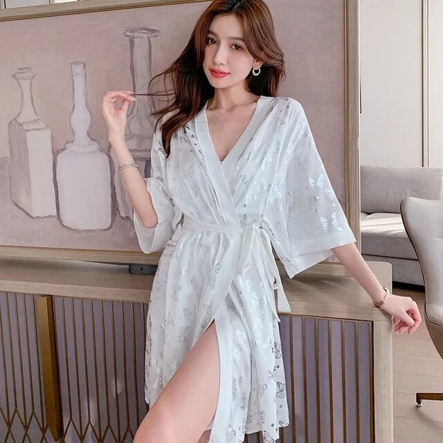 Robe Night Dress Women Sleepwear Woman Silk Short-Sleeved Sexy Robe Korean Fashion Butterfly Print Large Size Loose Home Wear