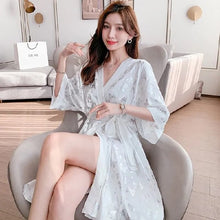 Load image into Gallery viewer, Robe Night Dress Women Sleepwear Woman Silk Short-Sleeved Sexy Robe Korean Fashion Butterfly Print Large Size Loose Home Wear