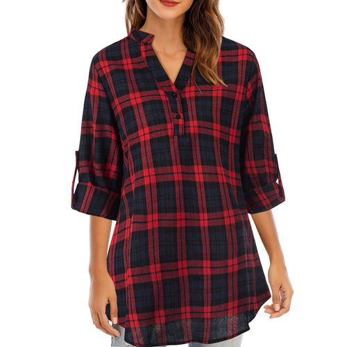 Romacci Women's Plaid Shirt Blusas Sexy V-neck Spring Vintage Plaid Shirts Loose Oversized 4XL Tartan Shirt Blusas Femme