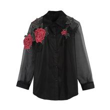 Load image into Gallery viewer, Rose Embroidered Shirt Women's Long Sleeve Openwork Mesh Stitching Sunscreen White Blouse Shirt