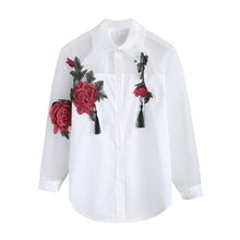 Load image into Gallery viewer, Rose Embroidered Shirt Women's Long Sleeve Openwork Mesh Stitching Sunscreen White Blouse Shirt