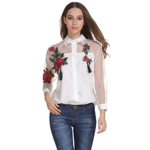 Load image into Gallery viewer, Rose Embroidered Shirt Women's Long Sleeve Openwork Mesh Stitching Sunscreen White Blouse Shirt