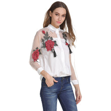 Load image into Gallery viewer, Rose Embroidered Shirt Women's Long Sleeve Openwork Mesh Stitching Sunscreen White Blouse Shirt