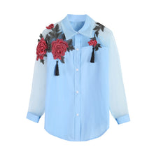 Load image into Gallery viewer, Rose Embroidered Shirt Women's Long Sleeve Openwork Mesh Stitching Sunscreen White Blouse Shirt