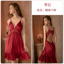 Load image into Gallery viewer, Rose New Nightgown Women Lingerie Satin Lace Hollow Knee Strap Nightdress Thong Set Female Summer Deep V Thin Sleepwear