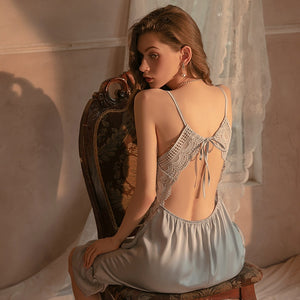 Rose New Nightgown Women Lingerie Satin Lace Hollow Knee Strap Nightdress Thong Set Female Summer Deep V Thin Sleepwear