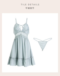 Rose New Nightgown Women Lingerie Satin Lace Hollow Knee Strap Nightdress Thong Set Female Summer Deep V Thin Sleepwear