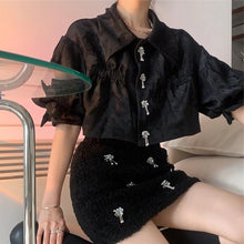 Load image into Gallery viewer, Rose Print Black Shirt Women Top Big Puff Sleeve Bow Pearls Beading Blouse+mini Skirt Pencil Short Set Robe Vestido Petite