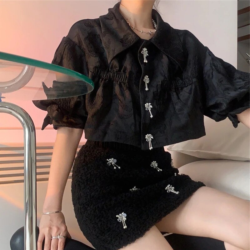 Rose Print Black Shirt Women Top Big Puff Sleeve Bow Pearls Beading Blouse+mini Skirt Pencil Short Set Robe Vestido Petite