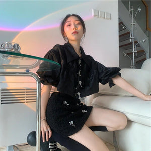 Rose Print Black Shirt Women Top Big Puff Sleeve Bow Pearls Beading Blouse+mini Skirt Pencil Short Set Robe Vestido Petite