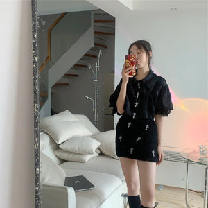 Rose Print Black Shirt Women Top Big Puff Sleeve Bow Pearls Beading Blouse+mini Skirt Pencil Short Set Robe Vestido Petite