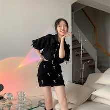 Load image into Gallery viewer, Rose Print Black Shirt Women Top Big Puff Sleeve Bow Pearls Beading Blouse+mini Skirt Pencil Short Set Robe Vestido Petite