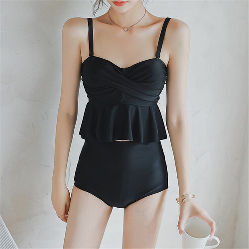 Ruffle Bikini Women Solid Swimwear High Waist Biquini Push Up Swimsuit Crop Top Pad Bathing Suit Korea Swimming Wrap Bandeau