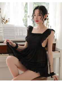Ruffles Babydoll Sexy Lingerie Uniform Tempting Maid Outfit Chiffon See-through Lace Up Showgirl Costumes for Women Black White