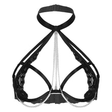 Load image into Gallery viewer, S-4XL Women Open Breast Extoic Bra Hollow Out Lace Halter Tops Metal Chain Decor Underwired Brassiere Sexy Lingerie Clubwear