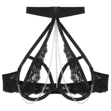 Load image into Gallery viewer, S-4XL Women Open Breast Extoic Bra Hollow Out Lace Halter Tops Metal Chain Decor Underwired Brassiere Sexy Lingerie Clubwear