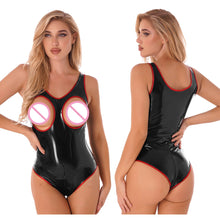 Load image into Gallery viewer, S-4XL Women Open Breast Glossy Patent Leather Bodysuit Wetlook Jumpsuit Sleeveless Zipper Crotch Erotic Clubwear Swimsuit
