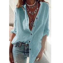 Load image into Gallery viewer, S-5XL Plus Size Autumn Cotton Linen Shirt Fashion Button Up Women Shirts White Casual Loose Tops Solid Rollable Sleeve Top Blusa