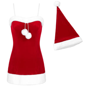 S M L XL High Quality Women Christmas Dress Sexy Red Flannel Velvet Holiday Dress with Hat Santa Claus Costume Plus Size