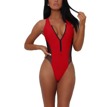 Load image into Gallery viewer, S-XL Women Mesh Patchwork See-through Bodysuit V Neck Sleeveless Zipper Swimming Jumpsuit Beach Swimwear Sportswear