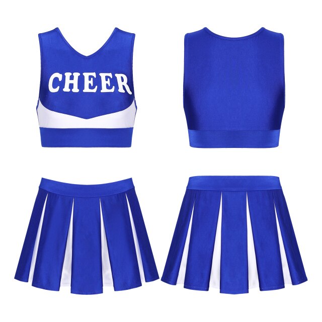 S-XL WomenCheerleading Outfit Schoolgirl Cosplay Letter Printe Sleeveless Crop Top with Pleated Skirt Sports Competition Costume