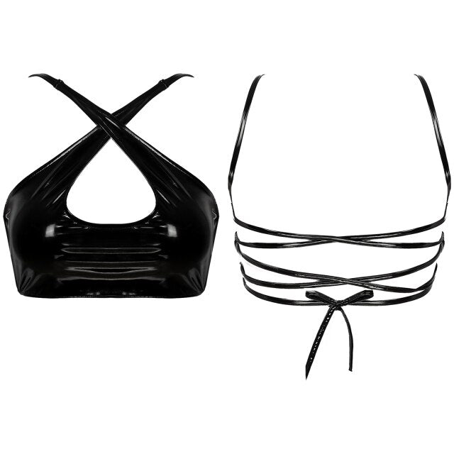 S-XXL Women Patent Leather Backless Crop Top Bra Cross Straps Wetlook Camisole Sexy Lingerie Vest Pole Dance Costume Clubwear