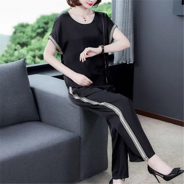 Sale Women Tracksuit Big Size Casual Striped Two Piece Set short Sleeve Tshirt Pullover Long Pants Suit 2 Pcs Outfits