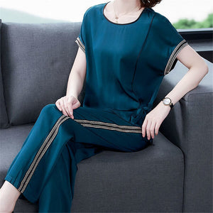 Sale Women Tracksuit Big Size Casual Striped Two Piece Set short Sleeve Tshirt Pullover Long Pants Suit 2 Pcs Outfits