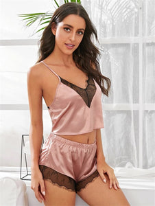 Satin Backless Sexy Pajamas Black Lace Crop Top With Short Loose Loungewear Spaghetti Strap Sleepwear Women Pj Set
